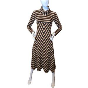 WCAGA Vintage Inspired Cowl Neck Chevron & Stripe Black/Brown Cotton Dress sz M
